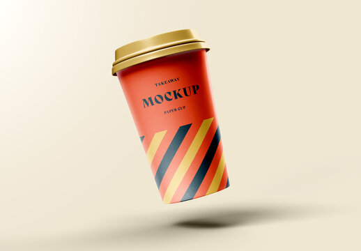 Paper Coffee Cup Mockup &ndash; Floating Disposable Cup with Striped Design for Branding, Takeaway, or Caf&eacute; Promotions