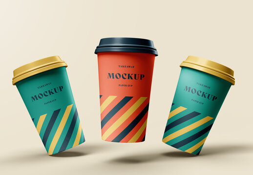Coffee Cup Mockup Set &ndash; Trio of Floating To-Go Cups with Striped Design for Branding and Caf&eacute; Presentation