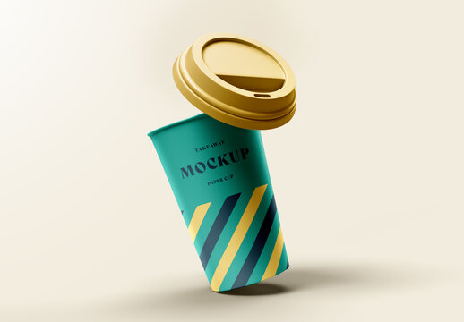 Coffee Cup Mockup &ndash; Floating Paper Cup Design with Lid for Takeaway Beverage Branding