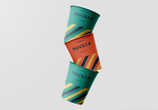 Stacked Paper Coffee Cups Mockup &ndash; Minimalist Floating Scene for Modern Beverage Branding
