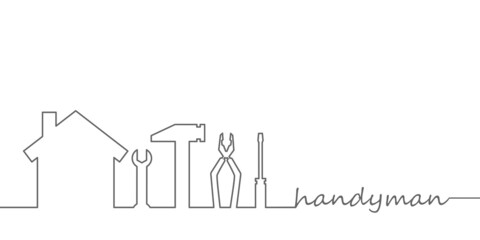 Professional handyman services. Vector banner template with silhouette  of house and repair tools silhouette and text space.  Repair tools on white background for your web site design, app, UI. EPS10.