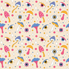 Seamless pattern with retro mushrooms, eyes and sparkles. Summer simple minimalist flowers. 70 s style plants. Yellow spring daisy. Colorful background. Vector illustration