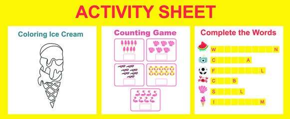 Activity sheet for children. Educational printable worksheet. Summer worksheet theme. Motor skills education. Vector illustrations.