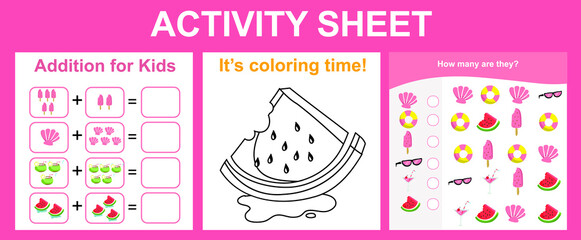 Activity sheet for children. Educational printable worksheet. Summer worksheet theme. Motor skills education. Vector illustrations.