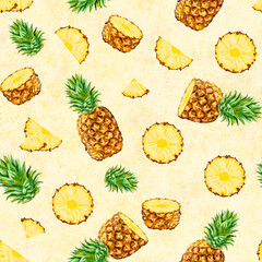 Creative summer minimalistic background. Fruit summer seamless pattern with repeat whole and part of pineapple background