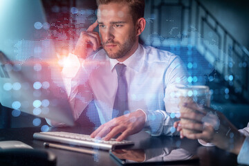 Two colleagues in formal wear working together looking for new employees to hire for international business consulting. HR, social media icons over modern office background