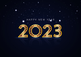 Fototapeta na wymiar Happy new 2023 year Elegant gold text with light. Minimalistic text template