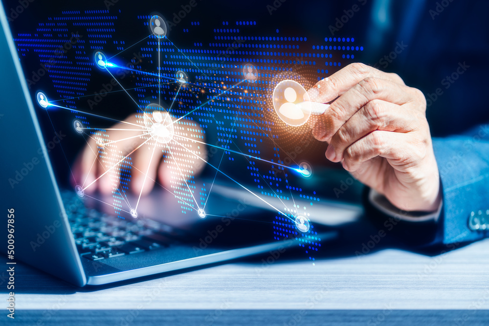 Aufkleber businessman using computer laptop to connect cloud computing, big data storage, information technolo