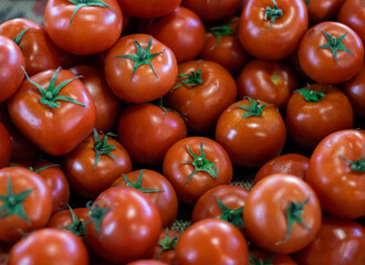 Fresh organic tomatoes on the street stall, organic tomatoes, close up