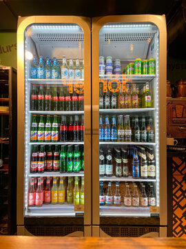 Stylish fridge with many drinks in a snack bar in the trendy district Schanze in the city of Hamburg   