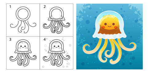 Obraz premium step-by-step tutorial, drawing. children's creativity, development, teaching painting and drawing. cute jellyfish, line and color, coloring pages. guide, lesson, sketching, sketch. 