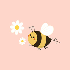 Bee cartoon and Flower isolated on pastel background vector illustration. Cute cartoon character. Cube Bee vector.