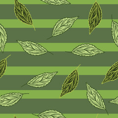 Seamless pattern engraved tree leaves. Vintage background botanical with foliage in hand drawn style.