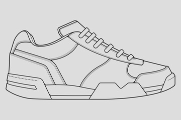 Shoes sneaker outline drawing vector, Sneakers drawn in a sketch style, black line sneaker trainers template outline, vector Illustration.

