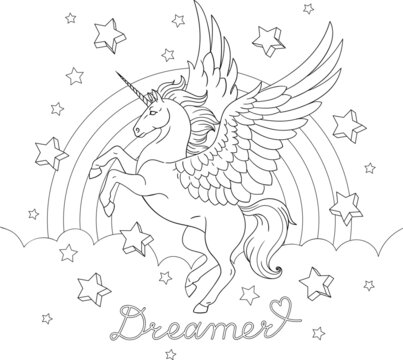 Dreamer Lettering. Pegasus With Rainbow And Stars. Isolated Outline For Coloring Book