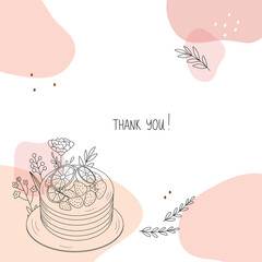 Pastry shop template with cake and flowers. Design with doodle elements and abstract shapes.