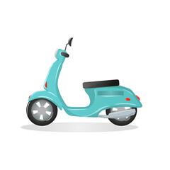 Blue retro scooter. Side view. Detailed image of an old motorcycle. Moped vector illustration isolated on white. Transport. Design element. For stickers, stickers, scrapbooking.