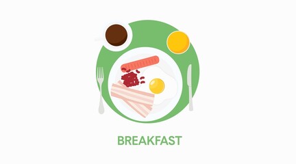 Breakfast icon or sign, with fried egg, sausage, bacon, beans, juice, coffee, fork, knife and plate