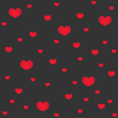 Simple hearts seamless pattern. Valentines day background. Flat design endless chaotic texture made of tiny heart silhouettes. Shades of red. Red hearts at black background