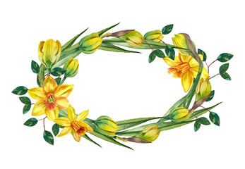 Oval frame of spring flowers, tulips and daffodils. Suitable for the design of invitations, postcards, weddings and more.