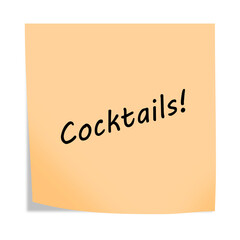 Cocktails 3d illustration post note reminder on white with clipping path