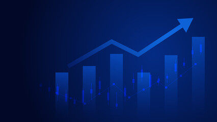 Financial business statistics with bar graph and candlestick chart with uptrend arrow show stock market price and effective earning on blue background