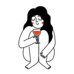 Vector illustration with long hair woman holding glass of red wine. Funny outline female print design with drink - 500970807