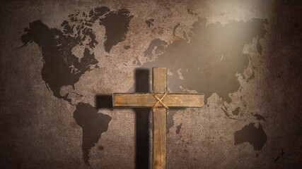 The Holy Cross and the World Gospel on world background.