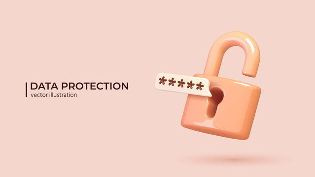 Data protection, safety, encryption, protection, privacy concept. Realistic 3d design of padlock, lock with password. The personal data protection. Vector illustration in cartoon minimal style.