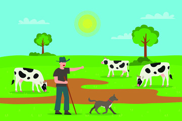 Grazing vector concept. Male farmer grazing a group of cow with shepherd dog while standing on the meadow