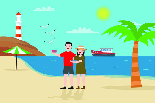 Taking selfie vector concept. Happy young couple taking selfie photo on the tropical beach while enjoying summer holiday together