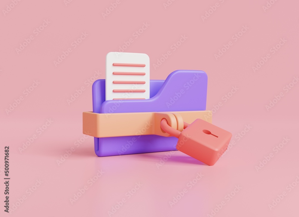 Poster 3d icon rendering illustration of folder with the lock isolated on pink background. modern private f