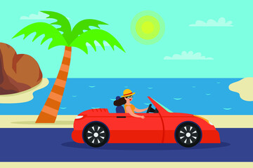 Road trip vector concept. Young woman enjoying road trip while driving a car on the road with beach background