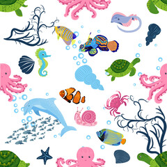 Marine life, fish, animals bright seamless pattern. sea travel, underwater diving animal tropical fish. Jellyfish, whale, shark, seahorse, clown fish, dolphin, turtle, emperor