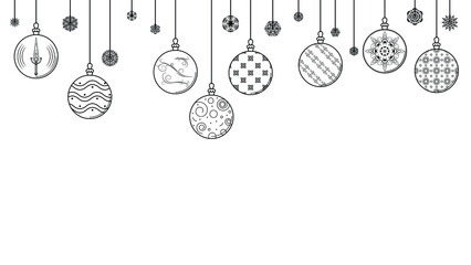 Black Doodle Outline Simple Line Abstract Maerry Christmas Xmas Balls With Snowflakes Holiday Decorations Happy New Year Background Vector Design Style
