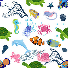 Fototapeta premium Marine life, fish, animals bright seamless pattern. sea travel, underwater diving animal tropical fish. Jellyfish, whale, shark, seahorse, clown fish, dolphin, turtle, emperor