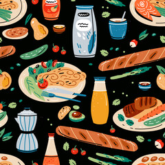 Colored seamless pattern of food and drink. Vector illustration for design of menu. Wallpaper, print, packaging, paper, textile design. - 500972444