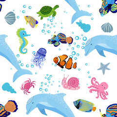 Fototapeta premium Marine life, fish, animals bright seamless pattern. sea travel, underwater diving animal tropical fish. Jellyfish, whale, shark, seahorse, clown fish, dolphin, turtle, emperor