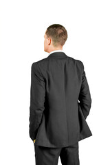 Back view of male manager looks confident on studio