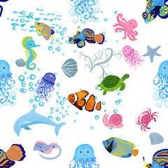 Naklejka premium Marine life, fish, animals bright seamless pattern. sea travel, underwater diving animal tropical fish. Jellyfish, whale, shark, seahorse, clown fish, dolphin, turtle, emperor