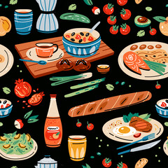 Colored seamless pattern of food and drink. Vector illustration for design of menu. Wallpaper, print, packaging, paper, textile design.