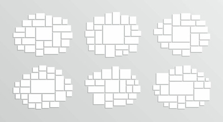 Photo collage templates collection. Mood board layout set. Album brandboard. Moodboard grid. Mosaic pictures frame. Gallery banner. Portfolio images. Abstract forms background. Vector illustration