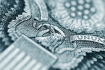US one dollar bill closeup macro. Selective focus on eye of eagle.