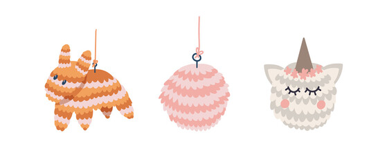 set of pinat llama, pink ball and unicorn