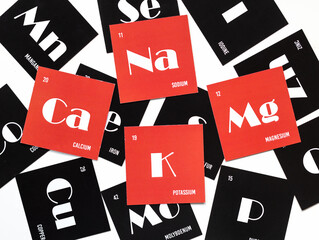 Cards with the names of the chemical elements of the periodic system. Alfabet of electrolytes on red cardboard. © Татьяна Креминская