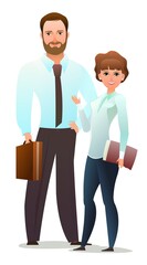 Family of Successful businessman. Cheerful persons in standing pose. Man and women in business shirt and tie. Cartoon comic style flat design. Illustration isolated on white background. Vector