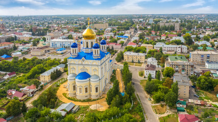 Aerial view of the Ascension Cathedral and residential areas on a summer day in Yelets