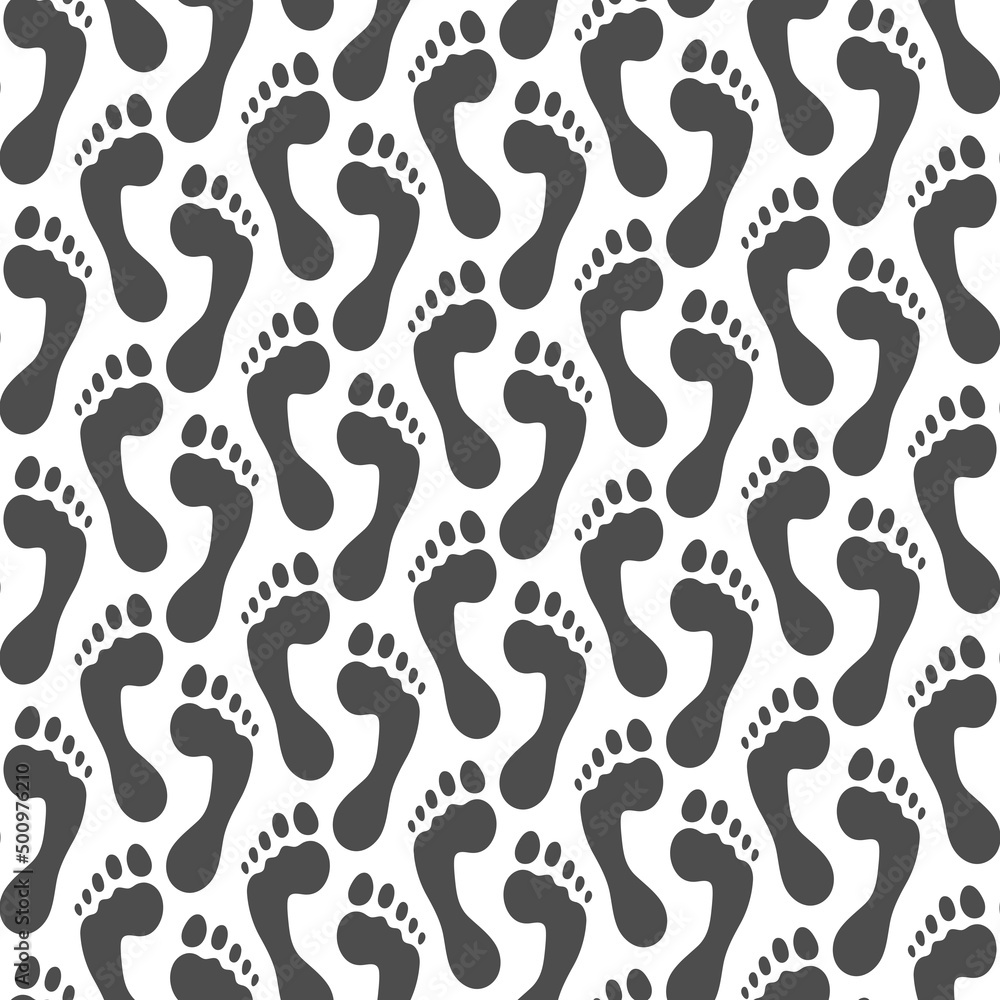 Poster seamless pattern with footprint, feet, footstep. vector background with isolated objects on white.