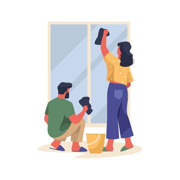 Window washing or room housework, vector banner