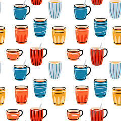 Seamless pattern with cups for tea and coffee, juices. Background with bright colorful crockery in a flat style.